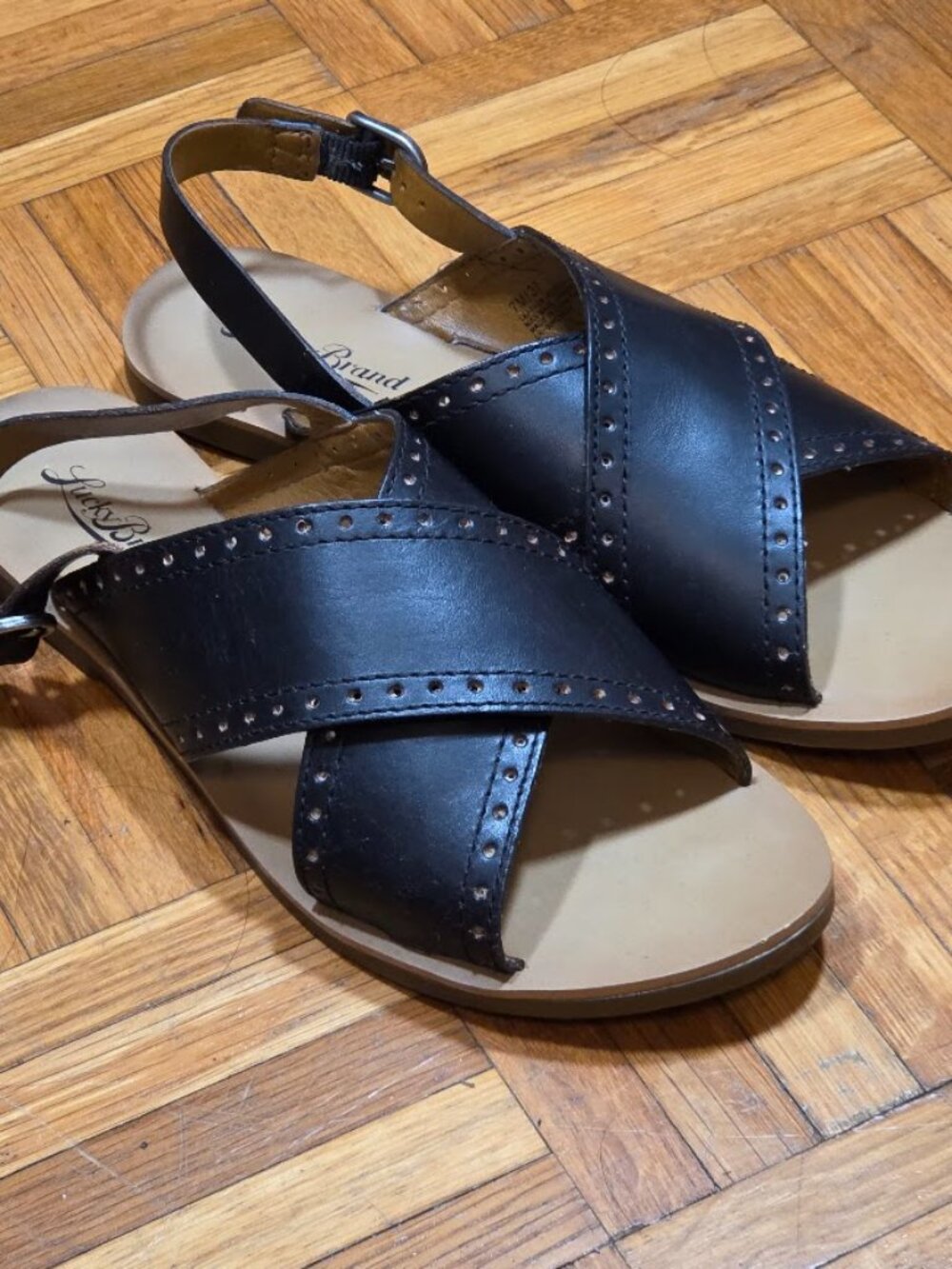 Lucky Brand Kizzy Black Leather Perforated Cross Strap Slingback Sandals